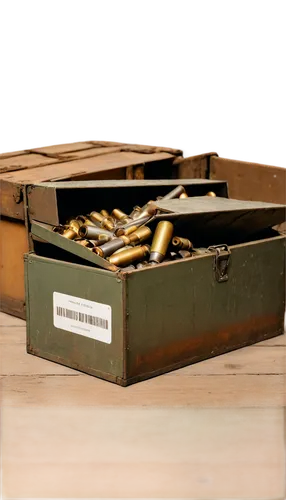 ammunition boxes, metallic material, old rusty texture, worn-out labels, brown wooden crates, scattered bullets, combat environment, low-key lighting, cinematic composition, shallow depth of field, wa