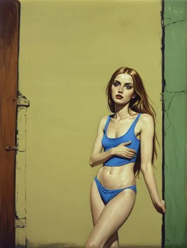 Starving girl in the sanctuary,a painting of a girl in a blue bikini leaning on the wall,gangloff,yasumasa,jasinski,blumstein,bourdin,kippenberger,Illustration,Paper based,Paper Based 10