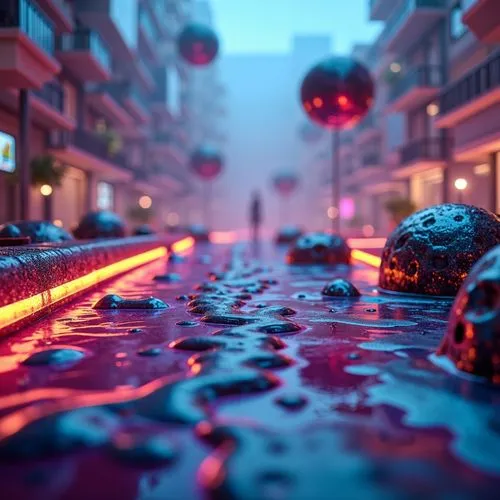 3d render,cyberscene,cinema 4d,microdistrict,voxel,bokeh,synth,colorful city,deluge,cityscape,futuristic landscape,cybercity,flooded pathway,cyberia,canals,cyberpunk,metropolis,synthetic,lowpoly,droplets