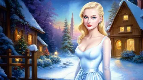 Romantic masterpiece oil painting, cute girl portrait, nostalgic 1950's style kitsch, breathtaking beautiful winter kingdom landscape, majestic fantasy scenery, evening lighting, highly detailed highr