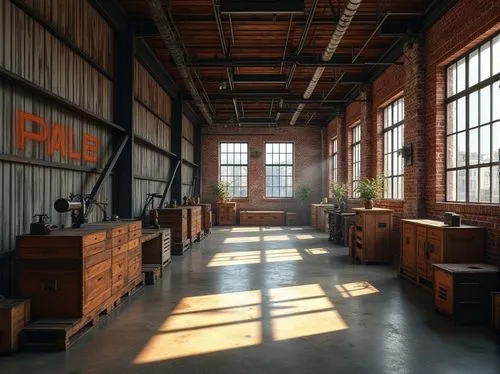 Industrial warehouse, exposed brick walls, metal beams, wooden crates, vintage machinery, distressed finishes, earthy tones, natural light pouring in, large windows, steel frames, corrugated metal cla