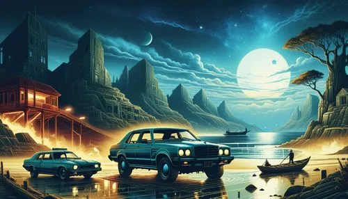 three vehicles drive away from a lake and mountains,moon car,halloween background,halloween poster,old halloween car,night scene,ghost car rally,Illustration,Realistic Fantasy,Realistic Fantasy 25