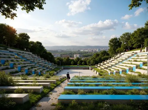 Grand amphitheater, tiered seating, comfortable benches, vibrant blue seats, natural stone risers, lush green grassy slopes, panoramic views, distant cityscape, sunny day, warm soft lighting, shallow 