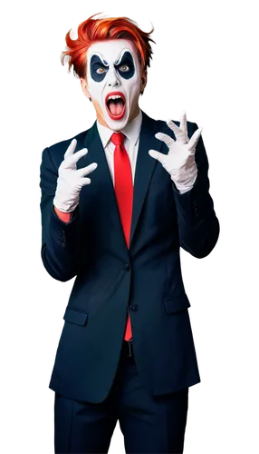 Cartoon character, scream mask, white gloves, black suit, red tie, exaggerated facial expression, wide eyes, open mouth, colorful hair, messy hairstyle, dynamic pose, action lines, comic book style, v