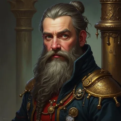 a male Tolkien dwarf inventor with a braided beard. The beard contains rings and beads.,a drawing of a man with gray hair, wearing a black suit and gold trim around his shoulders,kryuchkov,mordenkaine