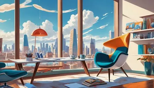 sky apartment,study room,modern office,livingroom,an apartment,apartment,modern room,breakfast room,shared apartment,living room,offices,cityscape,book wallpaper,apartment lounge,loft,working space,blue room,reading room,skyscraping,skycraper,Illustration,Retro,Retro 12