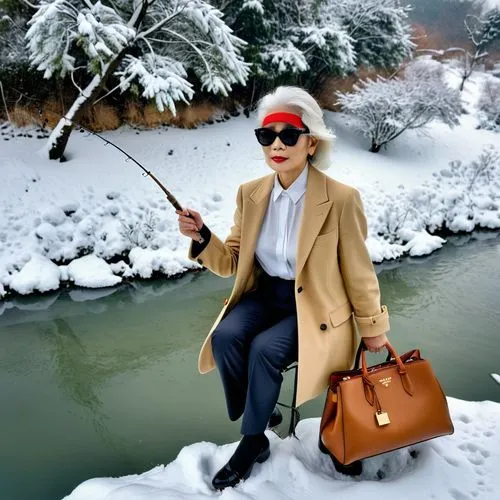 flyfishing,fisherwoman,travel woman,orvis,erhu,japanese woman,woman in menswear,the blonde in the river,tenenbaum,yasumasa,ice fishing,dubarry,fishwife,winterblueher,suit of the snow maiden,the snow queen,cruella de ville,overcoats,chuncheon,retro christmas lady