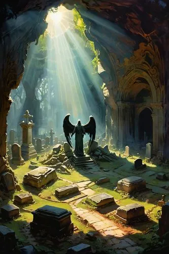 Lost heaven, fallen angel, lucifer,mausoleum ruins,catacombs,ruins,crypts,old graveyard,burial chamber,tombs,graveyard,graveyards,resting place,relics,grave light,background with stones,mushroom lands