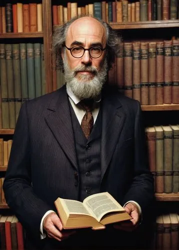 William Stout, architectural books, male, mature, bespectacled, balding, beard, suit, tie, holding book, standing, indoors, bookstore, wooden shelves, dim lighting, warm atmosphere, cozy, surrounded b