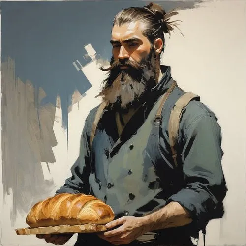 Bearded man wearing an axt and a bread,Bread is served,breadmaking,fresh bread,baking bread,barbari,burek,bread,Conceptual Art,Fantasy,Fantasy 10