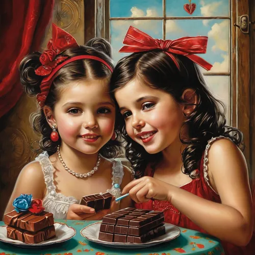 little girls,sweet cherries,little boy and girl,sweeties,little angels,vintage boy and girl,childs,oil painting on canvas,children girls,heart cherries,two girls,romantic portrait,tenderness,sweetmeats,cute cartoon image,sweets,oil painting,sweetness,vintage children,young couple,Illustration,Realistic Fantasy,Realistic Fantasy 10