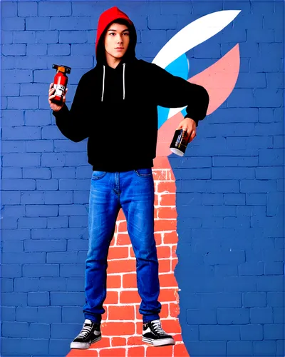 Graffiti artist, urban youth, black hoodie, jeans, sneakers, spray can in hand, tagging on wall, vibrant colors, bold lines, abstract shapes, brick wall background, gritty texture, dynamic pose, low-a