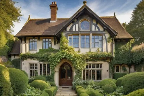 Villa, Charles Voysey style, English country house, rustic, Arts and Crafts movement, asymmetrical facade, steeply pitched roof, multiple chimneys, overhanging eaves, ornate wooden door, stained glass