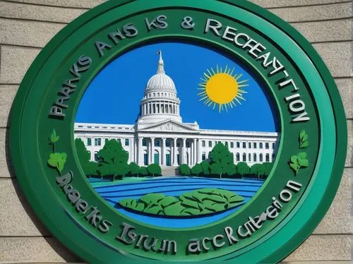 Parks and Recreation logo, circular shape, green and blue colors, bold font, 3D effect, shiny surface, metallic material, modern design, urban setting, city hall, government building, sunny day, clear