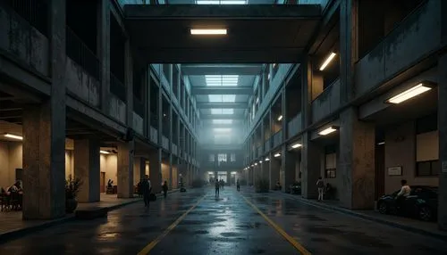 deakins,alchemax,corridors,alley,industrial hall,carreau,alleyway,photorealism,penumbra,3d render,passage,bladerunner,warehouse,warehouses,corridor,factory hall,alleyways,render,blind alley,empty factory