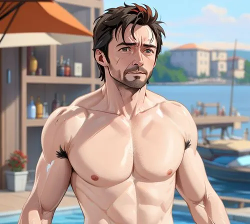 hugh jackman naked,a guy has a beard and shirtless body,tony stark,beach background,oberthur,mccree,mcelhenney,cuttyhunk,Anime,Anime,General