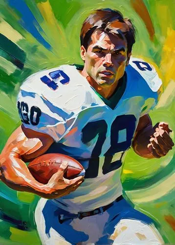 American football player, muscular man, strong facial features, short brown hair, no glasses, determined expression, white jersey, blue pants, football in hand, throwing motion, stadium background, gr