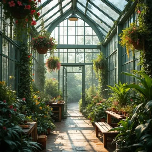 Elegant greenhouse interior, lush and vibrant vegetation, ample natural light streaming through glass panes, wrought iron support structures, wooden walkways amidst the greenery, hanging baskets fille