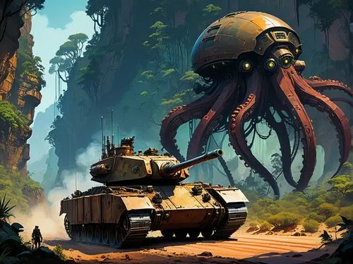 patrols,concept art,dakka,tankette,expeditionary,stejneger,tanklike,headcrab,wg,tankmates,tankbuster,cephalopod,game illustration,kraken,lost in war,leviathans,beholders,octopi,sci fiction illustration,game art,Conceptual Art,Sci-Fi,Sci-Fi 01