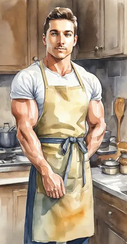 men chef,chef,zuccotto,cook,cook ware,cooking book cover,cooking show,cookery,cooks,kitchen work,pastry salt rod lye,lasagnette,housewife,big kitchen,carbossiterapia,dwarf cookin,mayonaise,food and cooking,edge muscle,apron,Digital Art,Watercolor