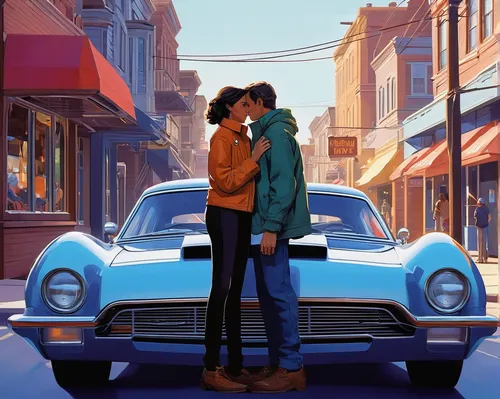 ford prefect,vintage boy and girl,lupin,honeymoon,young couple,kissing,jensen interceptor,girl and car,vintage man and woman,vanishing point,parked car,pontiac,street canyon,austin cambridge,muscle car cartoon,boy and girl,vintage couple silhouette,tender,aronde,pedestrian,Conceptual Art,Sci-Fi,Sci-Fi 23