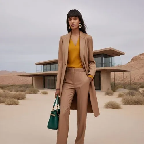 a woman in a tan suit is standing by a desert,woman in menswear,maxmara,yellow purse,sagmeister,loewe,krakoff,Photography,General,Natural