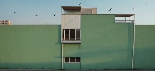 set in real world with city background where birds are around , peoples are roaming on the road front of building and some small houses next,hosseinian,corbu,pigeon house,corbusier,vivienda,apartment 