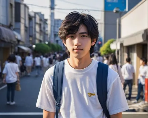 Takumi Fujiwara, high school student, male, (17yo), messy black hair, bright brown eyes, small nose, gentle smile, casual wear, white shirt, dark blue jeans, black sneakers, backpack, standing, relaxe