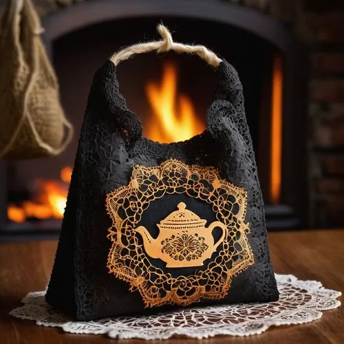 a vintage tea bag, shaped like a ferocity, sits on a lace doily. The bag is made of dark, rustic cotton fibers, and the handle reaches towards the sky. The tea inside is infused with a rich, golden co