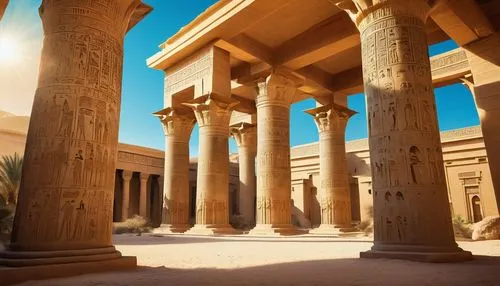 Ancient Egyptian-inspired building, intricate hieroglyphics, golden accents, grandiose pillars, ornate stone carvings, majestic arches, vibrant turquoise domes, luxurious marble floors, regal thrones,