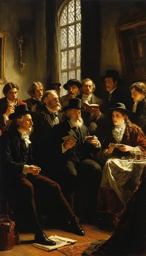 seven citizens of the country,bougereau,meticulous painting,men sitting,old trading stock market,preachers,the conference,contemporary witnesses,children studying,musicians,exchange of ideas,conversation,partiture,round table,drentse patrijshond,courtship,group of people,fraternity,the listening,chess game,Art,Classical Oil Painting,Classical Oil Painting 09