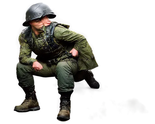 Dark green camouflage, military uniform, detailed texture, leaf pattern, tactical vest, rugged boots, muscular man, strong jawline, intense eyes, combat helmet, assault rifle, crouching position, low-