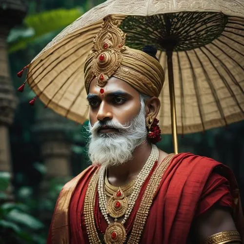 Lord Rama, Indian mythology, crown, golden ornaments, white beard, majestic eyes, red lips, traditional clothing, intricately designed dhoti, ornate umbrella, divine aura, Hindu temple, intricate carv