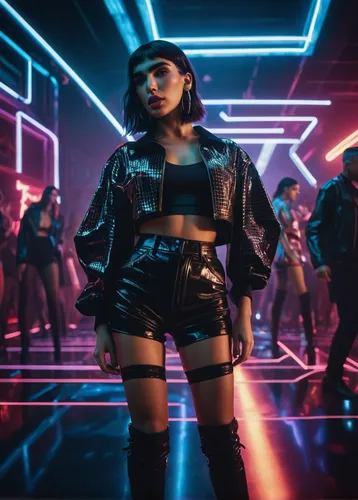 A medium length shot of Dua Lipa on cyberpunk dancefloor, femme fatale in spy thriller movie, interesting angle, 35mm kodachrome --ar 4:5 --style raw ,neon lights,cyberpunk,neon light,cube background,