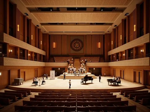 \Elegant concert hall, refined wooden panels, premium soundproofing materials, suspended acoustic ceiling tiles, optimized seating arrangements, tiered audience platforms, grand pianos, intricate chan