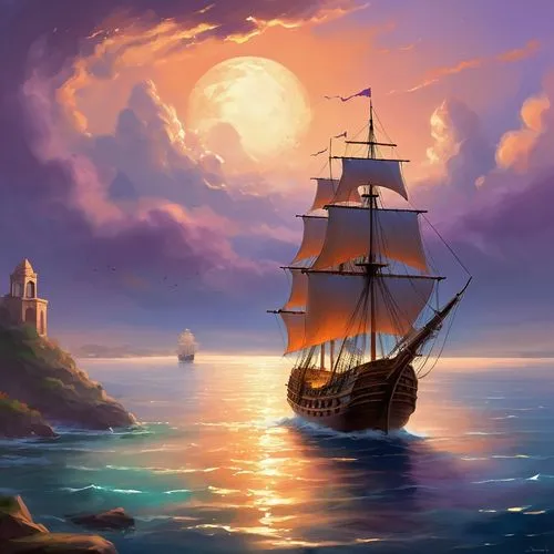 sea sailing ship,sailing ship,sail ship,galleon,pirate ship,fantasy picture,Illustration,Realistic Fantasy,Realistic Fantasy 01