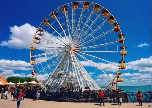 Navy Pier, Chicago, architecture tour, daytime, sunny, blue sky, white clouds, Lake Michigan shoreline, modern Ferris wheel, vintage carousel, grand staircase, ornate railings, intricate ironwork, maj