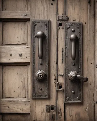 Reclaimed wooden doors, distressed finishes, ornate metal door handles, rustic hinges, worn-out door frames, vintage doorknobs, antique hardware, industrial-chic setting, abandoned factory, old wareho