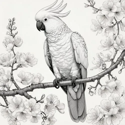 flower and bird illustration,beautiful parakeet,ornamental bird,parakeet,an ornamental bird,budgerigar,Illustration,Black and White,Black and White 30