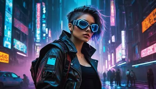 cyberpunk,cyber glasses,futuristic,cyber,ultraviolet,tracer,80s,operator,matrix,hk,neon,cyan,renegade,neon lights,vector girl,vapor,neon light,dystopian,sci fiction illustration,retro woman,Illustration,Paper based,Paper Based 05