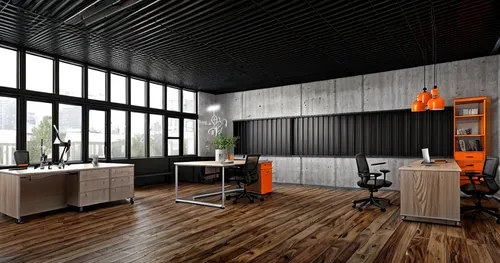 Industrial modern style, office space interior, desks with black glass tops, black chairs, concrete walls, light wood flooring, orange accents on furniture, white ceiling lighting, one window, black m