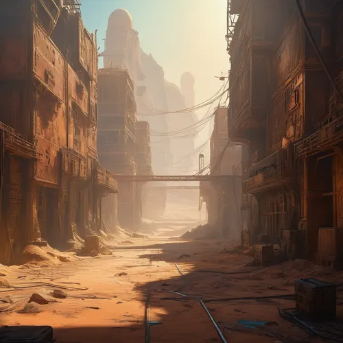 Game Scene Design, ,ancient city,alleyway,sandstorm,post-apocalyptic landscape,petra,destroyed city,karnak,souk,world digital painting,wasteland,post apocalyptic,alley,concept art,ghost town,street ca