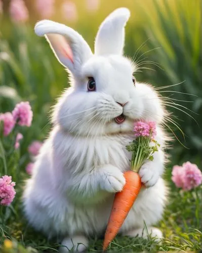 Happy bunny AI, cute face, twitching nose, bright shiny eyes, fluffy white fur, pink ears, sitting pose, holding a carrot, surrounded by colorful flowers, green grass, sunny day, soft warm light, 3/4 