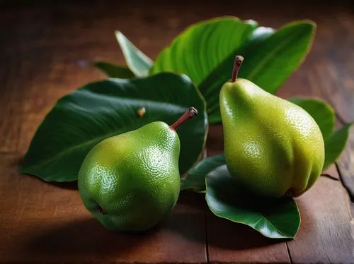 Exotic pearnana, tropical fruit, vibrant green skin, glossy texture, juicy flesh, sweet aroma, solo, still life, decorative leaves, wooden table, warm lighting, shallow depth of field, 3/4 composition