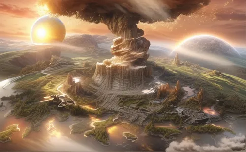 terraforming,mushroom landscape,mushroom island,mushroom cloud,fantasy landscape,post-apocalyptic landscape,tower of babel,volcanic landscape,doomsday,the earth,burning earth,fantasy picture,volcanism,the end of the world,fantasy world,firmament,world digital painting,nuclear explosion,volcano,gaia