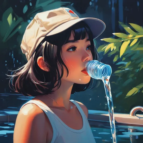 How can we conserve water in our daily lives?,watering,digital painting,lily water,summer icons,girl wearing hat,detail shot,summer hat,water nymph,watering can,freshwater,spring water,water,streams,w