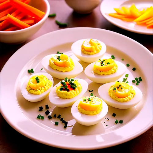 Deviled eggs, halved, yellow yolks, white egg whites, sprinkle of paprika, chopped chives, toothpick flags, porcelain plate, morning sunlight, soft focus, shallow depth of field, warm color tone, 3/4 