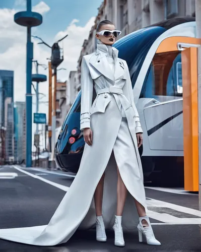 Imagine a futuristic city where electric multiple units are the primary mode of transportation.,fashion street,advertising campaigns,mercedes eqc,isetta,stiletto-heeled shoe,bus shelters,long coat,wom