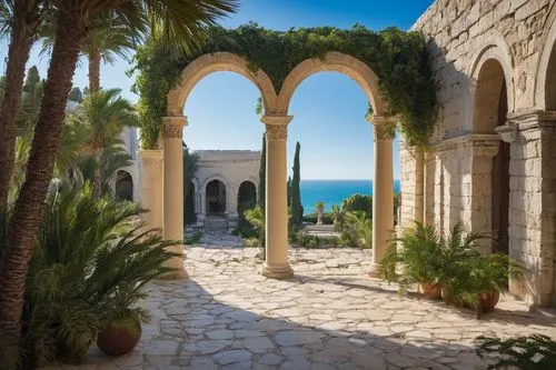 Ancient Carthage School of Architecture and Design, historic building, ancient Roman columns, stone walls, grand entrance, ornate doorways, large windows, rooftop gardens, Mediterranean vegetation, pa