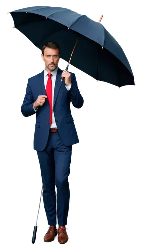 British man, mature adult, solo, (40yo), strong facial features, short brown hair, blue eyes, slight stubble, navy suit, white shirt, red tie, black leather shoes, holding umbrella, standing, confiden